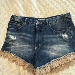 Free People Blue Jean Shorts with Lace Trim